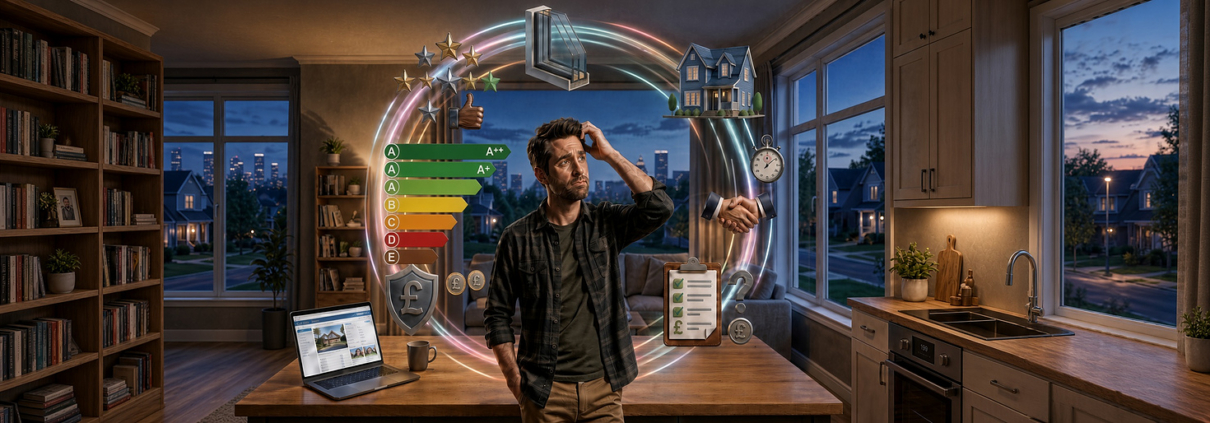 A homeowner looking puzzled, surrounded by icons for reviews, glazing, energy ratings and paperwork