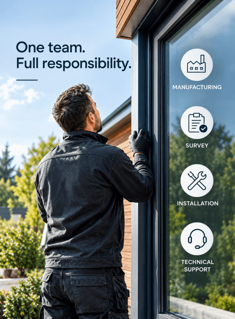 A window installer in dark workwear checking the frame of a large dark-grey window, next to four icons for manufacturing, survey, installation and technical support