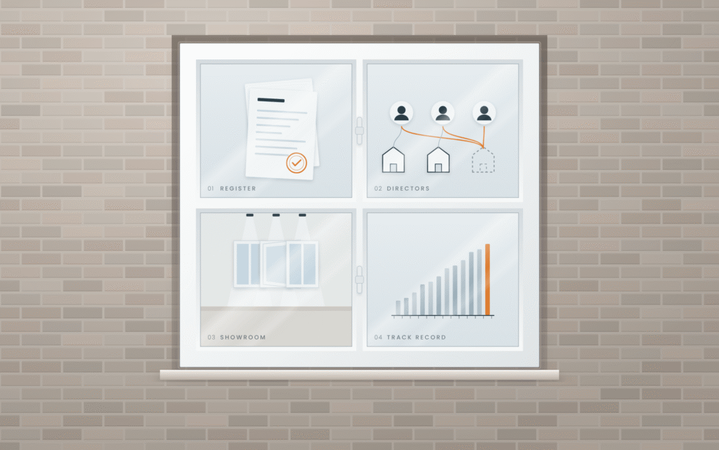 A white window in a brick wall. Its four panes show a company register document, directors linked to their companies, a showroom and a rising track record