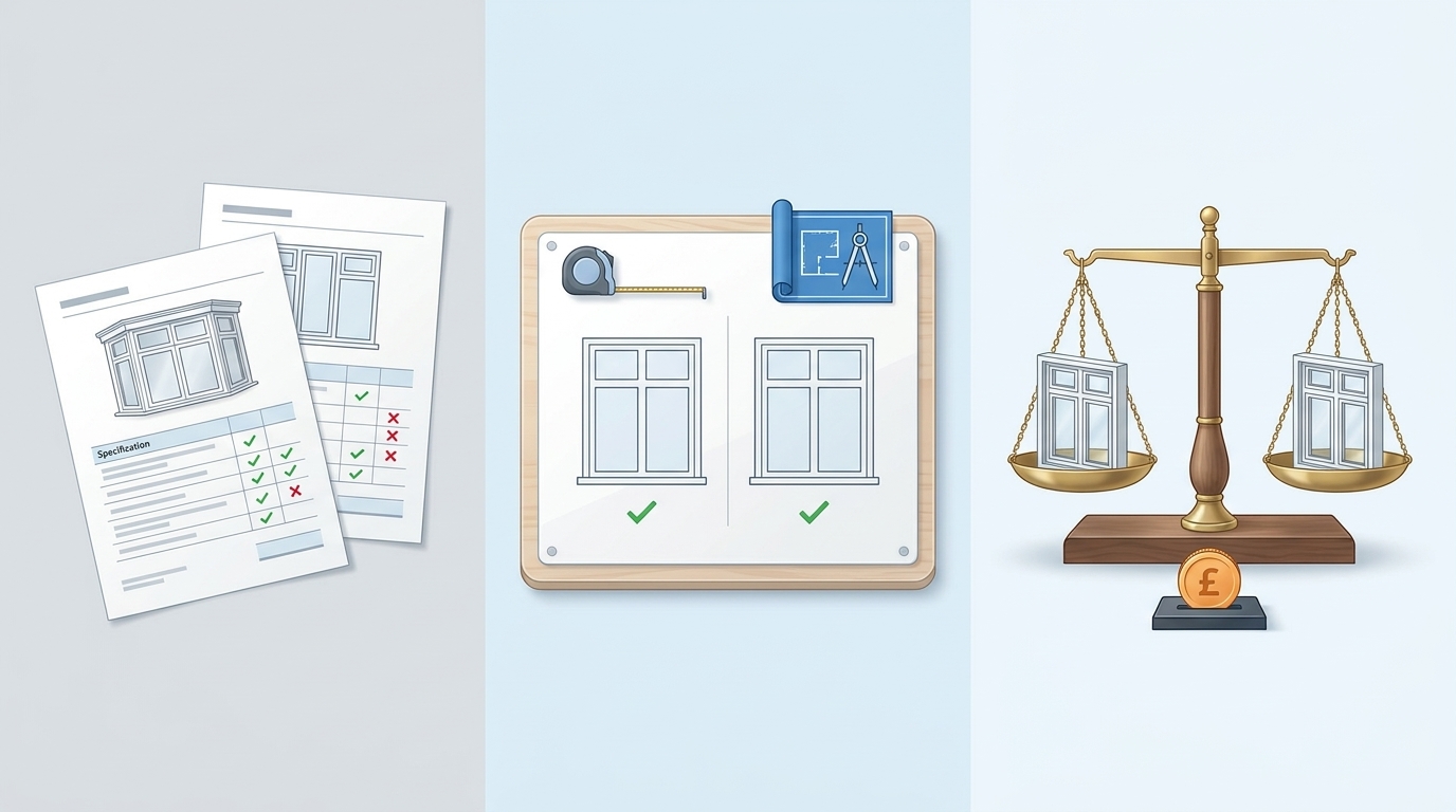 Window quotes, clipboard, window scales Three panels: two window quotes with ticks and crosses against a specification list; two matching windows on a clipboard with a tape measure and a plan; scales comparing two windows. The last panel is the price check, done last.